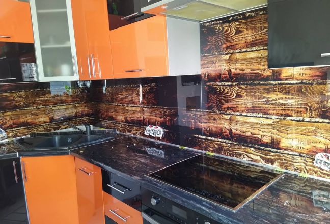Фартук стекло фото: текстура дерева, заказ #ИНУТ-7119, Оранжевая кухня. Изображение 212076