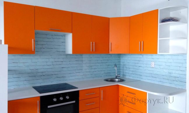 Фартук стекло фото: текстура кирпича, заказ #УТ-2241, Оранжевая кухня.
