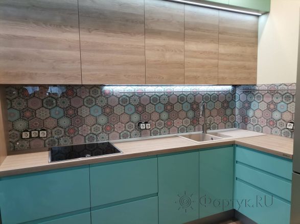 Стеклянная фото панель: текстура плитки, заказ #ИНУТ-7977, Синяя кухня.