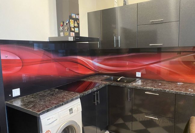Стеновая панель фото: темно-красные и светло-красные волны, заказ #КРУТ-3581, Серая кухня. Изображение 299420