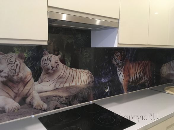 Фартук для кухни фото: тигры, заказ #КРУТ-278, Белая кухня.