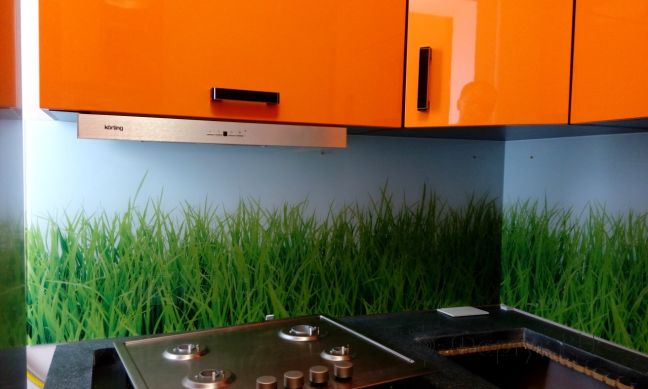 Фартук стекло фото: трава, заказ #УТ-2169, Оранжевая кухня.