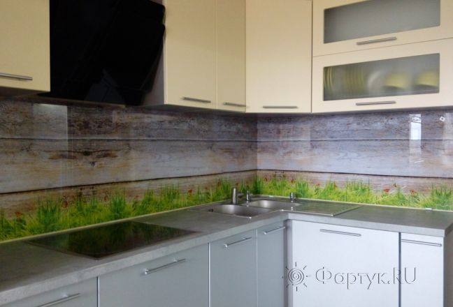 Скинали для кухни фото: трава на фоне деревянного забора, заказ #ГМУТ-130, Желтая кухня. Изображение 147102