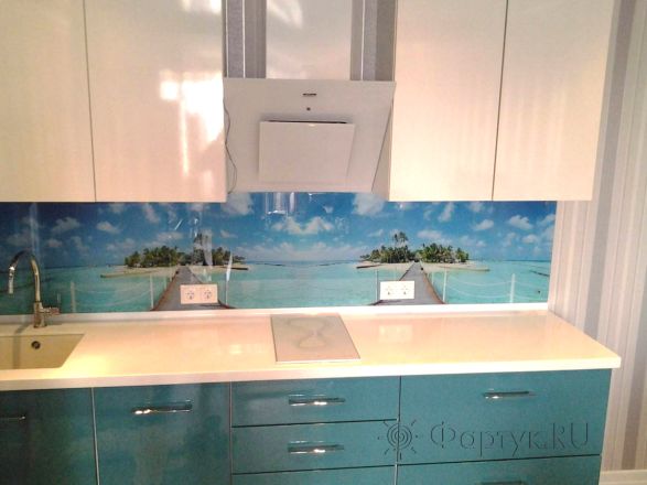 Стеклянная фото панель: тропический берег., заказ #S-103, Синяя кухня.