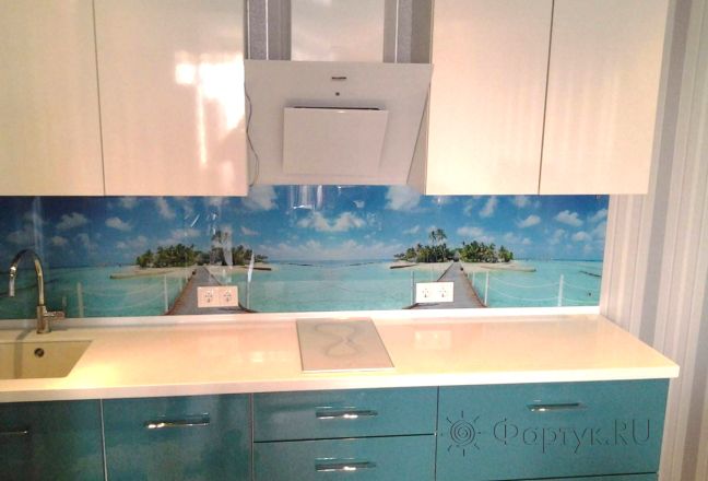 Стеклянная фото панель: тропический берег., заказ #S-103, Синяя кухня.