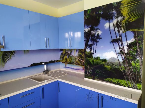 Стеклянная фото панель: тропический остров, заказ #ИНУТ-3934, Синяя кухня.