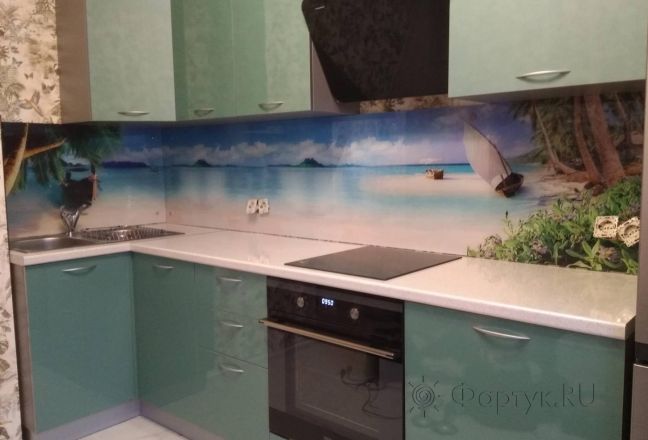 Стеклянная фото панель: тропический остров, заказ #ИНУТ-4928, Синяя кухня. Изображение 111428