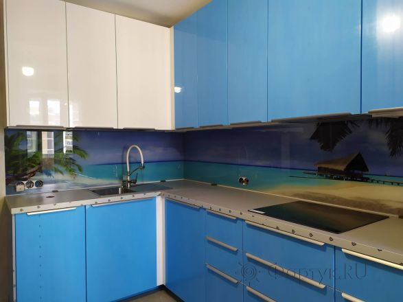 Стеклянная фото панель: тропический остров, заказ #ИНУТ-5589, Синяя кухня.
