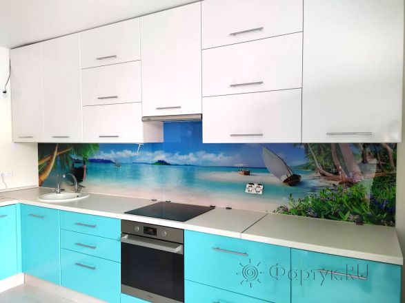 Стеклянная фото панель: тропический остров, заказ #ИНУТ-5760, Синяя кухня.