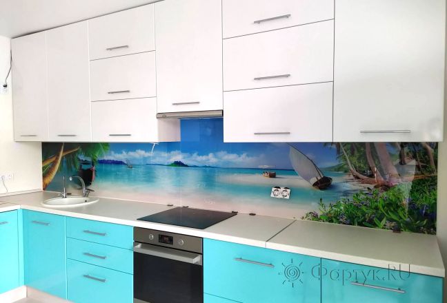 Стеклянная фото панель: тропический остров, заказ #ИНУТ-5760, Синяя кухня. Изображение 111428