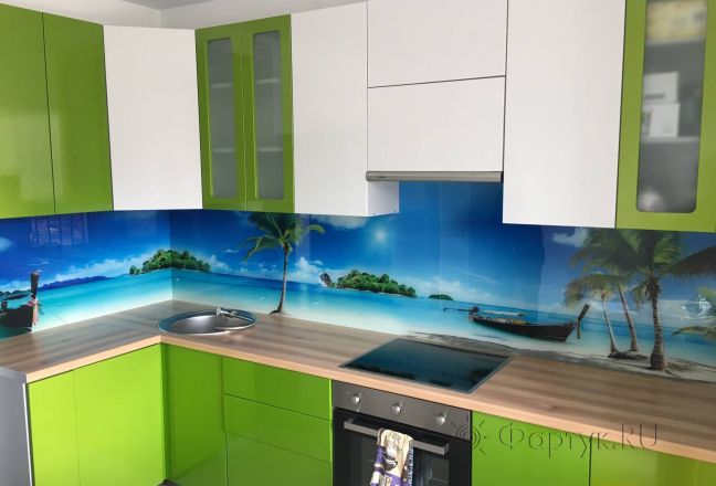 Скинали для кухни фото: тропический остров, заказ #КРУТ-2148, Зеленая кухня. Изображение 246568