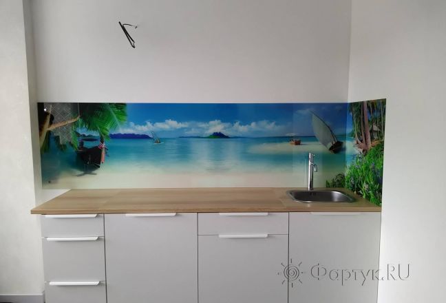 Фартук для кухни фото: тропический остров, заказ #ИНУТ-6744, Белая кухня. Изображение 111428