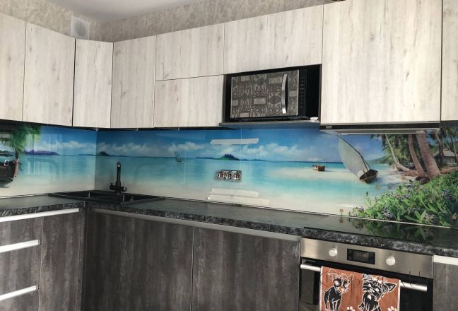 Стеновая панель фото: тропический остров, заказ #ИНУТ-7309, Серая кухня. Изображение 111428