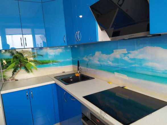 Стеклянная фото панель: тропический остров, заказ #ИНУТ-9022, Синяя кухня.