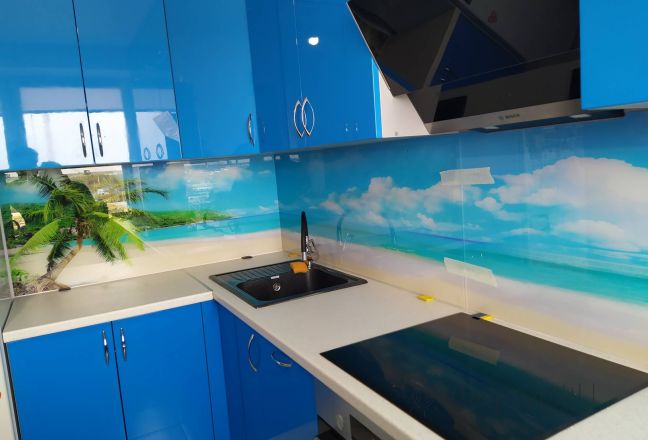 Стеклянная фото панель: тропический остров, заказ #ИНУТ-9022, Синяя кухня.