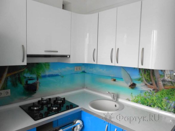 Стеклянная фото панель: тропический пляж  с голубым небом., заказ #S-130, Синяя кухня.