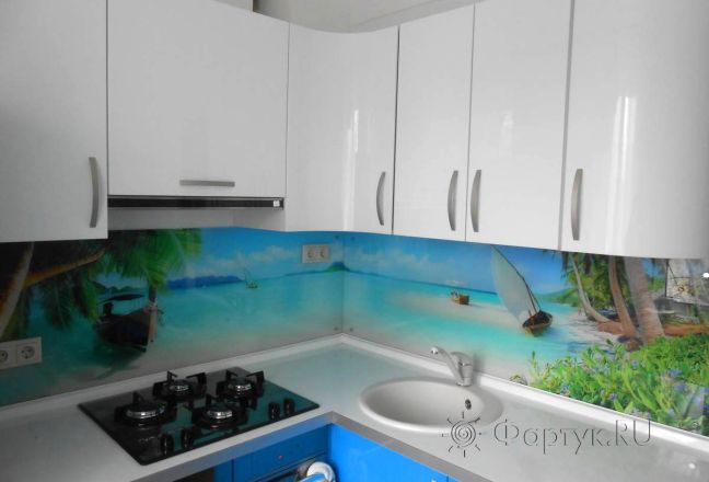 Стеклянная фото панель: тропический пляж  с голубым небом., заказ #S-130, Синяя кухня.