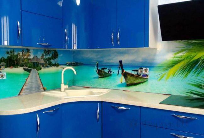 Стеклянная фото панель: тропический рай, заказ #ИНУТ-3133, Синяя кухня. Изображение 82970