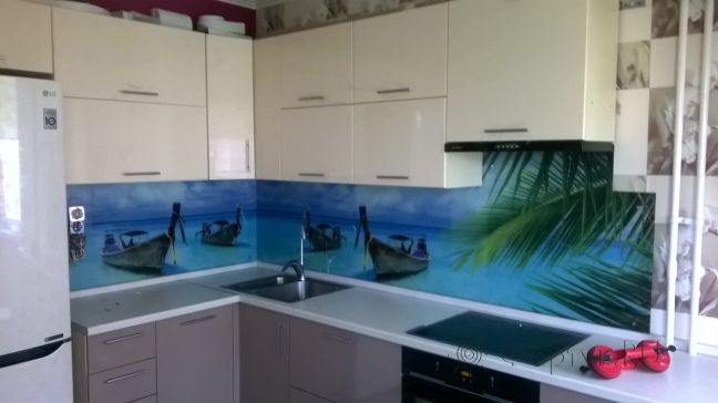 Стеновая панель фото: тропическое море, заказ #УТ-1074, Серая кухня.