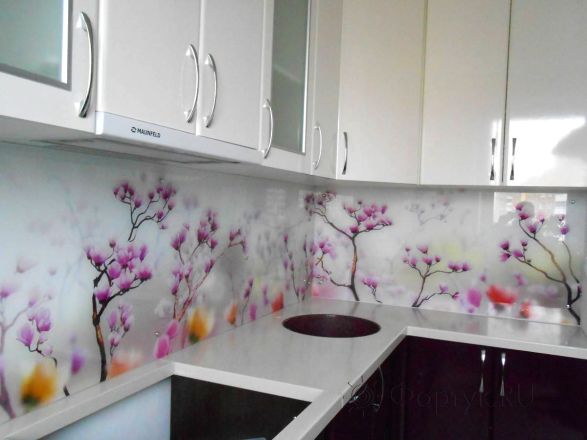 Фартук для кухни фото: цветение сакуры на светлом фоне., заказ #SK-911, Белая кухня.