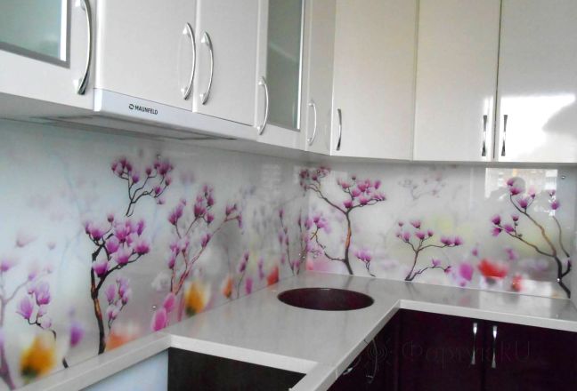 Фартук для кухни фото: цветение сакуры на светлом фоне., заказ #SK-911, Белая кухня. Изображение 112686