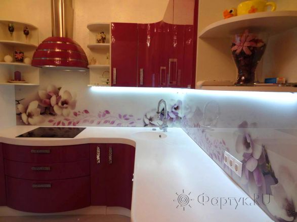 Фартук фото: цветки магнолии., заказ #S-1366, Фиолетовая кухня.