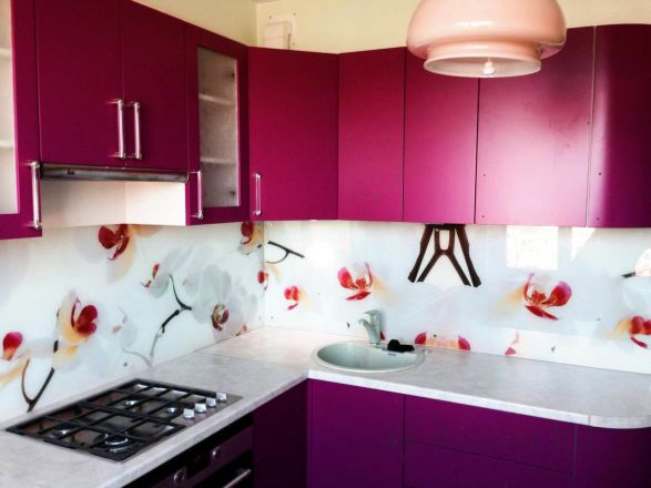 Фартук фото: цветки орхидеи., заказ #S-264, Фиолетовая кухня.