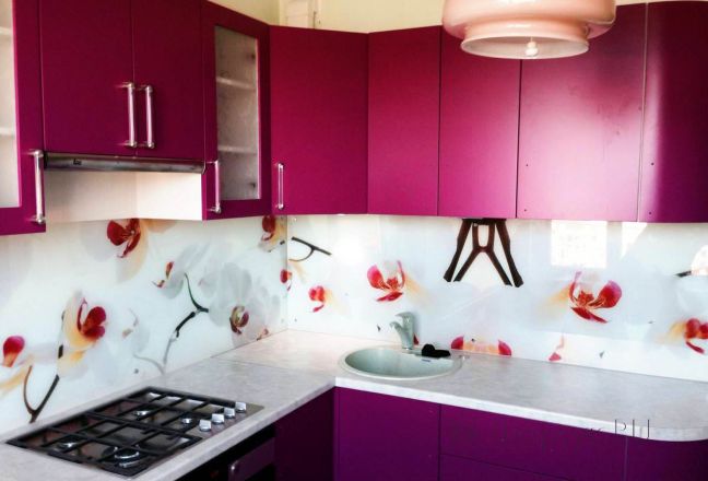 Фартук фото: цветки орхидеи., заказ #S-264, Фиолетовая кухня.