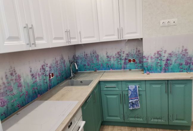 Стеклянная фото панель: цветочная поляна, заказ #ИНУТ-7870, Синяя кухня.
