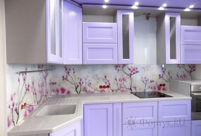 Фартук фото: цветущая магнолия, заказ #УТ-488, Фиолетовая кухня.