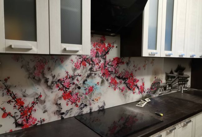Фартук для кухни фото: цветущая сакура, заказ #ИНУТ-13985, Белая кухня. Изображение 112850
