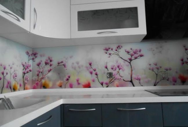 Скинали фото: цветущая сакура , заказ #SK-1014, Черная кухня.