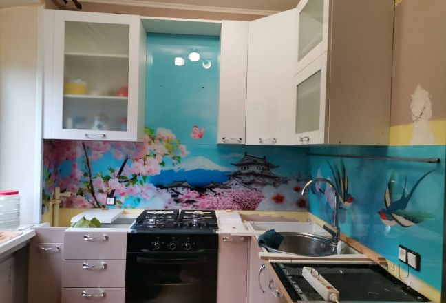 Фартук фото: цветущая сакура, гора япония, заказ #ИНУТ-10205, Фиолетовая кухня.