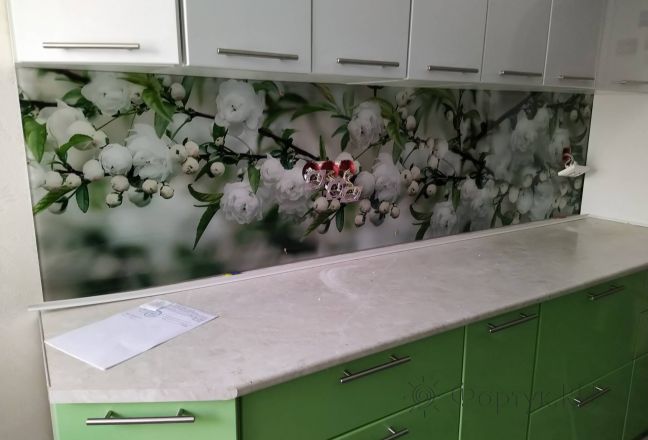 Скинали для кухни фото: цветущая вишня, заказ #ИНУТ-6106, Зеленая кухня. Изображение 186572