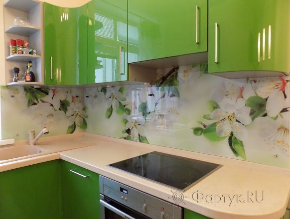 Скинали для кухни фото: цветущая яблоня, заказ #УТ-476, Зеленая кухня.