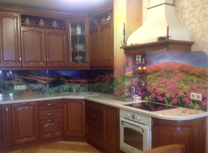 Фартук с фотопечатью фото: цветущие холмы., заказ #S-37, Коричневая кухня.
