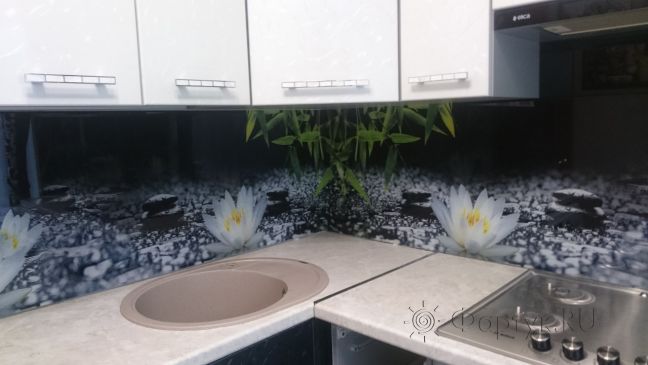 Скинали фото: цветущие лилии на воде, заказ #КРУТ-046, Черная кухня.