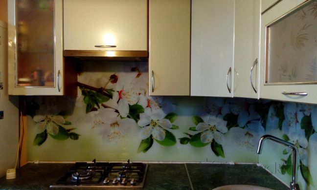 Фартук для кухни фото: цветущие ветки, заказ #УТ-2001, Белая кухня.