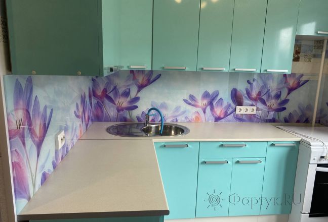 Стеклянная фото панель: цветы, заказ #КРУТ-3521, Синяя кухня.