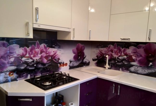 Фартук фото: цветы на камнях, заказ #ИНУТ-2306, Фиолетовая кухня. Изображение 80456