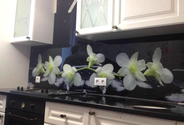 Фартук для кухни фото: цветы на мокрых камнях., заказ #S-851, Белая кухня. Изображение 113014