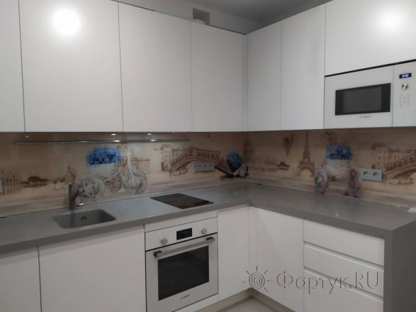 Фартук для кухни фото: цветы в кашпо на фоне иллюстраций достопримечательностей, заказ #ИНУТ-9075, Белая кухня.