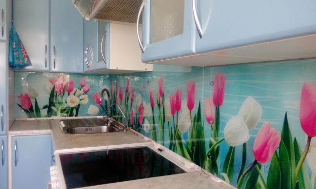 Стеклянная фото панель: тюльпаны, заказ #ИНУТ-1334, Синяя кухня.