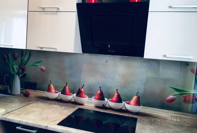 Фартук с фотопечатью фото: тюльпаны и груши, заказ #КРУТ-1566, Коричневая кухня.