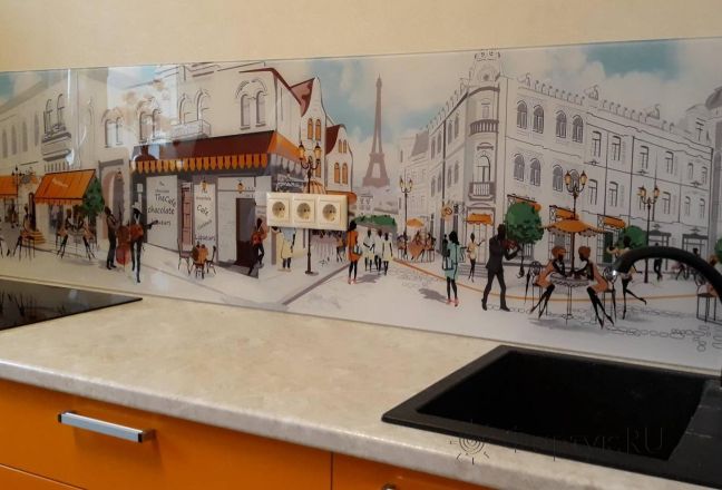 Фартук стекло фото: уличное кафе, заказ #ИНУТ-2201, Оранжевая кухня. Изображение 186642