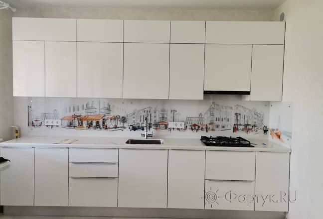 Фартук для кухни фото: улица с красивыми зданиями и террасой кафе , заказ #ИНУТ-15310, Белая кухня. Изображение 334300