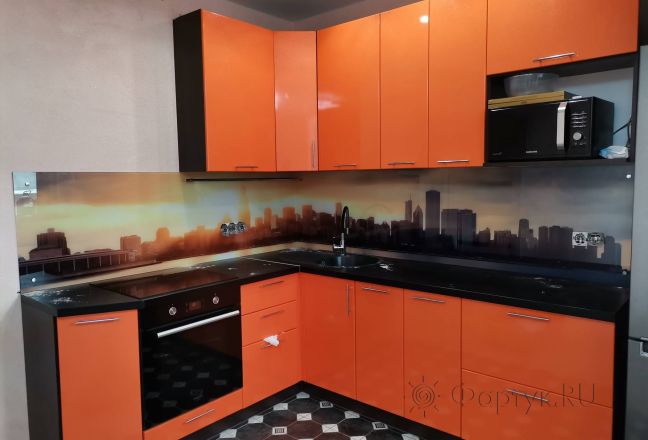 Фартук стекло фото: утро в чикаго, заказ #ИНУТ-9303, Оранжевая кухня.
