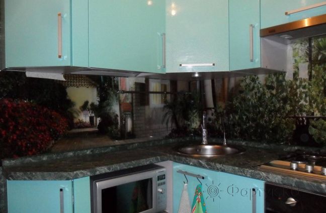 Стеклянная фото панель: вечерний дворик, заказ #S-817, Синяя кухня.