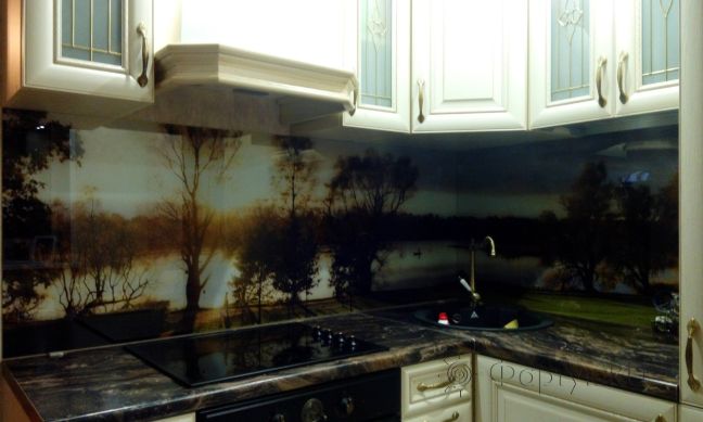 Фартук для кухни фото: вечерний пейзаж, заказ #УТ-1375, Белая кухня.