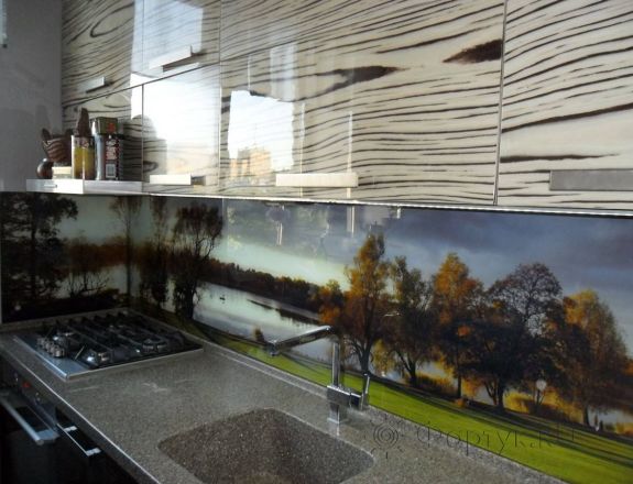 Стеновая панель фото: вечерний пейзаж , заказ #SN-21, Серая кухня.